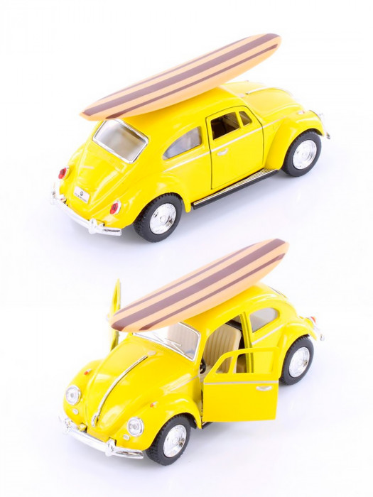 Металлическая машинка Kinsmart 1:32 «1967 Volkswagen Classic Beetle (серфинг)» инерционная, жёлтая KT5057DS1-2