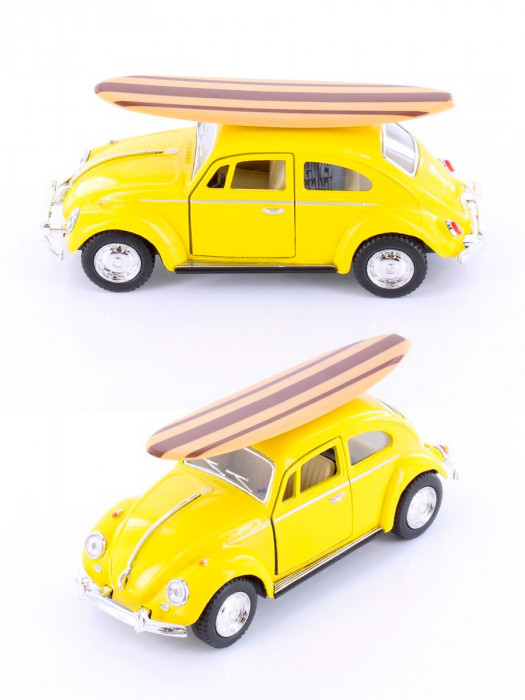 Металлическая машинка Kinsmart 1:32 «1967 Volkswagen Classic Beetle (серфинг)» инерционная, жёлтая KT5057DS1-2