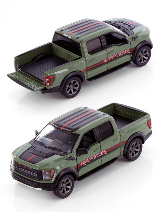 Металлическая машинка Kinsmart 1:46 «2022 Ford F-150 Raptor Livery Edition» инерционная, зелёная KT5436DF-3