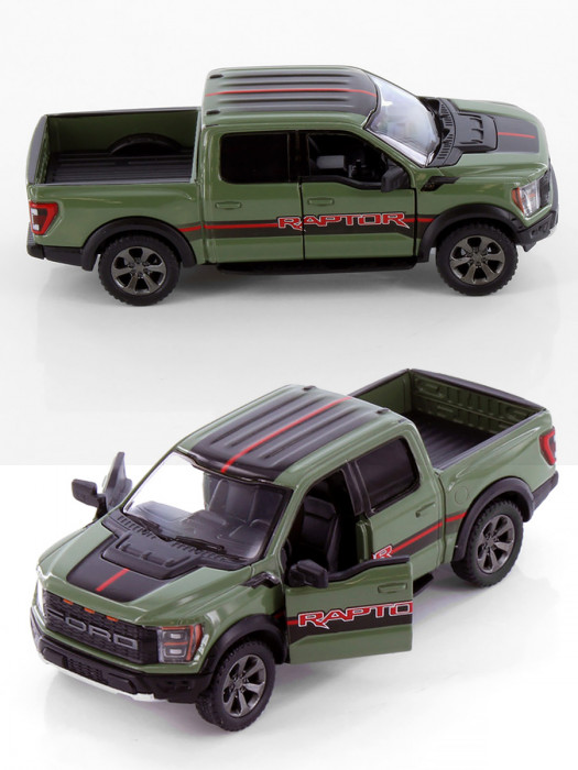 Металлическая машинка Kinsmart 1:46 «2022 Ford F-150 Raptor Livery Edition» инерционная, зелёная KT5436DF-3