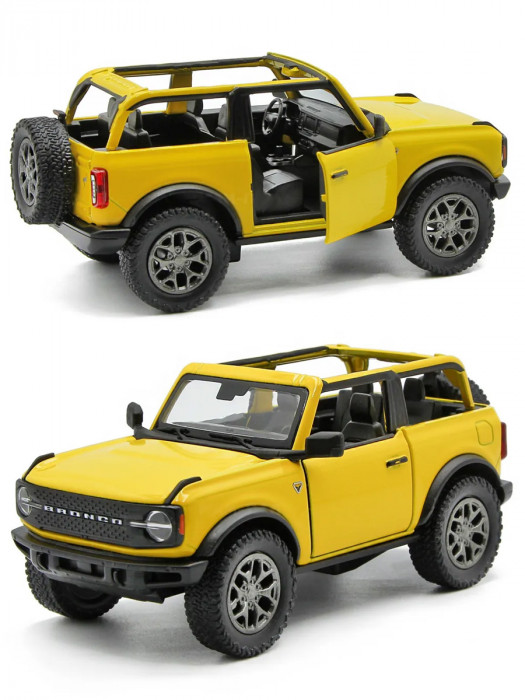 Металлическая машинка Kinsmart 1:34 «2022 Ford Bronco (Открытый верх)» инерционная, жёлтая KT5438DA-3