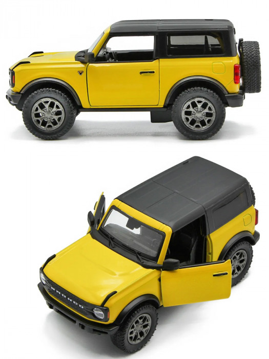 Металлическая машинка Kinsmart 1:34 «2022 Ford Bronco (жёсткий верх)» инерционная, жёлтая KT5438DB-3