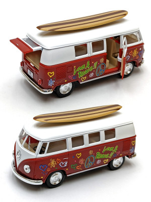 Металлическая машинка Kinsmart 1:32 «Volkswagen Classical Bus (Cерфинг)» инерционная, красная