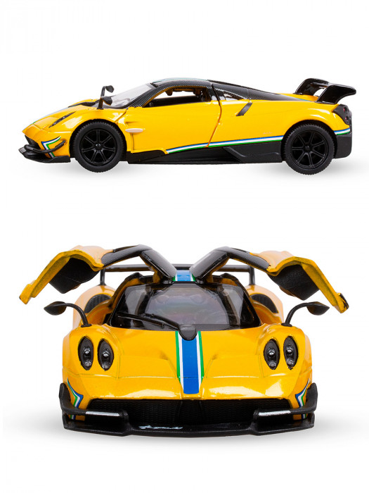 Металлическая машинка Kinsmart 1:38 «2016 Pagani Huayra BC с принтом» инерционная, жёлтая KT5400DF-1