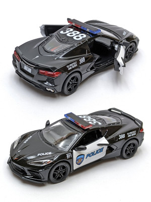 Металлическая машинка Kinsmart 1:36 «2021 Chevrolet Corvette Stingray C8 (Полиция)» инерционная, чёрная