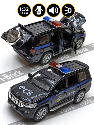 Металлическая машинка Che Zhi 1:32 (16 см) «Toyota Land Cruiser Prado (ФСБ, Полиция)» чёрная, свет, звук, инерция