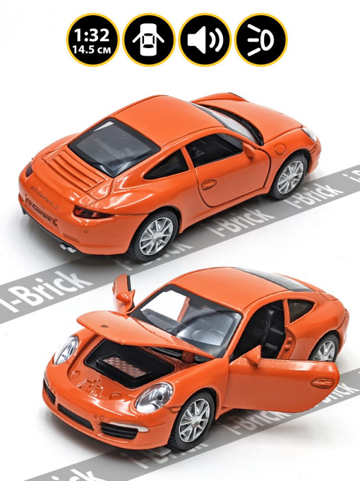 Металлическая машинка 1:32 (14,5 см) «Porsche 911 Carrera S» оранжевая, свет, звук, инерция 32061-1