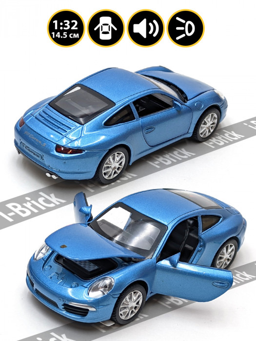 Металлическая машинка 1:32 (14,5 см) «Porsche 911 Carrera S» голубая, свет, звук, инерция 32061-2