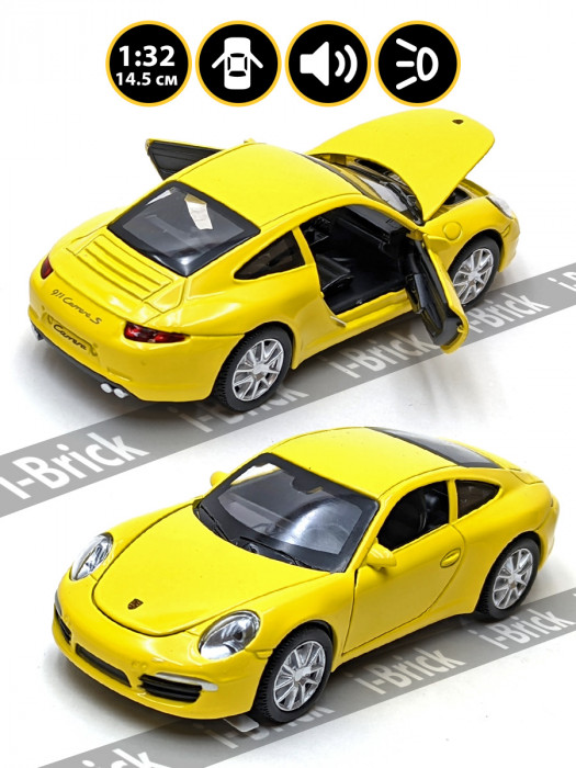 Металлическая машинка 1:32 (14,5 см) «Porsche 911 Carrera S» жёлтая, свет, звук, инерция 32061-3