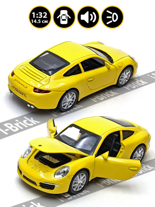 Металлическая машинка 1:32 (14,5 см) «Porsche 911 Carrera S» жёлтая, свет, звук, инерция 32061-3