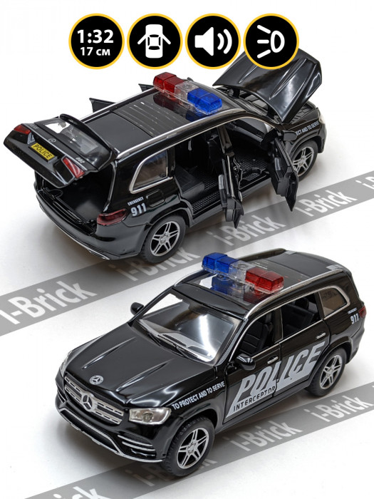 Металлическая машинка ChiMei 1:32 (17 см) «Mercedes-Benz GLS (Полиция)» чёрная, свет, звук, инерция M314-1