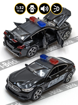 Металлическая машинка ChiMei 1:32 (16 см) «BMW M8 (MH8 800 Manhart) Полиция» чёрная, свет, звук, инерция