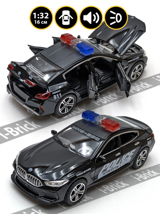 Металлическая машинка ChiMei 1:32 (16 см) «BMW M8 (MH8 800 Manhart) Полиция» чёрная, свет, звук, инерция M318-1
