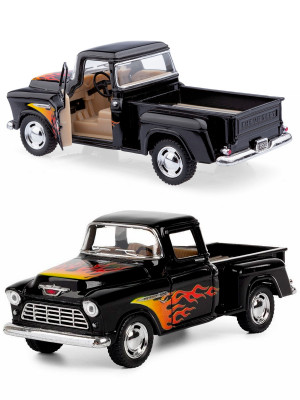 Металлическая машинка Kinsmart 1:32 «1955 Chevy Stepside Pick-up (с принтом)» инерционная, чёрная