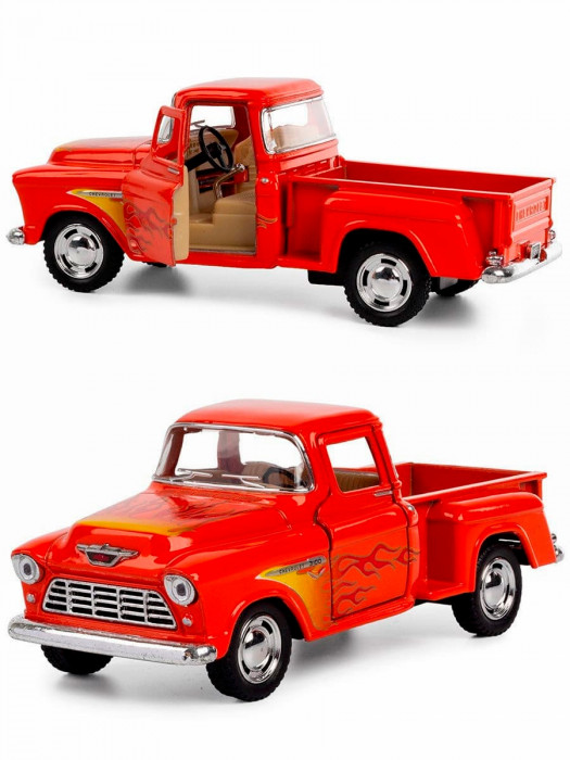Металлическая машинка Kinsmart 1:32 «1955 Chevy Stepside Pick-up (с принтом)» инерционная, красная KT5330DF-2