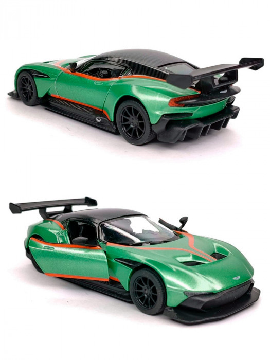 Металлическая машинка Kinsmart 1:38 «Aston Martin Vulcan с принтом» инерционная, зелёная KT5407DF-3