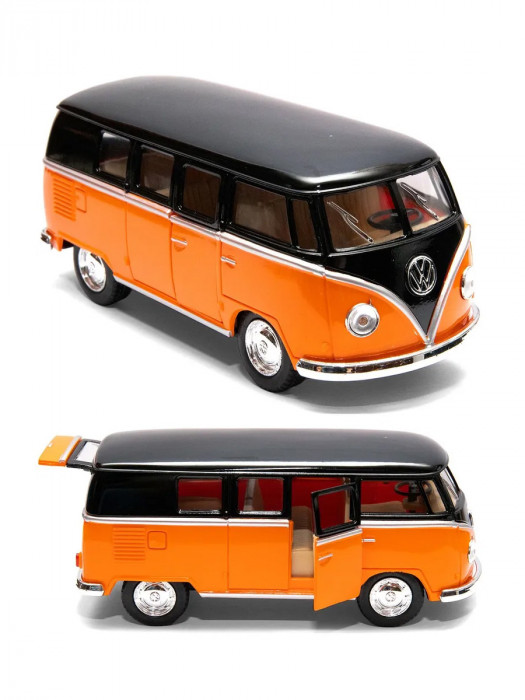 Металлическая машинка Kinsmart 1:32 «1962 Volkswagen Classical Bus с черной крышей» инерционная, оранжевая KT5376D-1