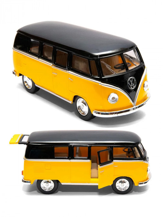 Металлическая машинка Kinsmart 1:32 «1962 Volkswagen Classical Bus с черной крышей» инерционная, жёлтая KT5376D-2