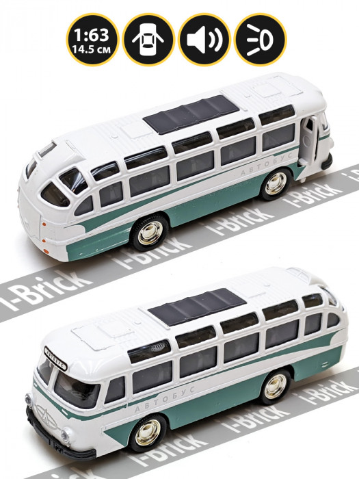 Металлическая машинка 1:63 «Автобус ЛАЗ-695» бирюзовая, свет, звук, инерция TCC1814-12D-4