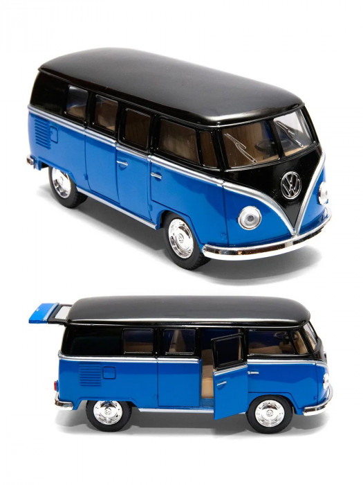 Металлическая машинка Kinsmart 1:32 «1962 Volkswagen Classical Bus с черной крышей» инерционная, синяя KT5376D-3