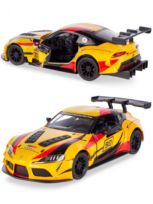 Металлическая машинка Kinsmart 1:36 «Toyota GR Supra Racing Concept (Livery Edition)» инерционная, жёлтая KT5421DF-2