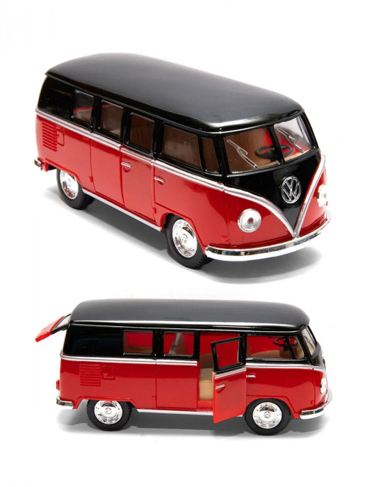 Металлическая машинка Kinsmart 1:32 «1962 Volkswagen Classical Bus с черной крышей» инерционная, красная KT5376D-4