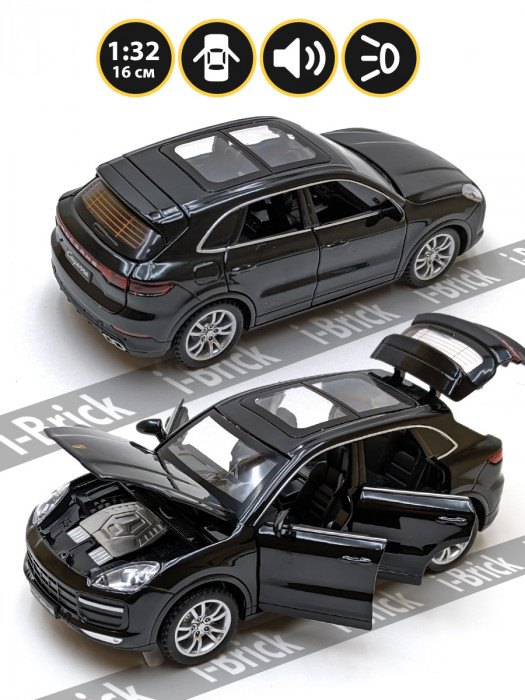 Металлическая машинка 1:32 (16 см) «Porsche Cayenne» чёрная, свет, звук, инерция 32491-2